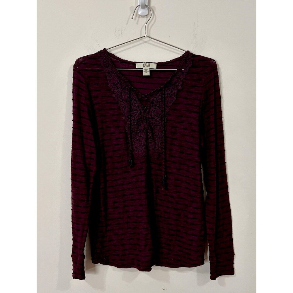 Vintage America Blues Purple Textured Knit Lace-Up Tunic Top Women’s Large